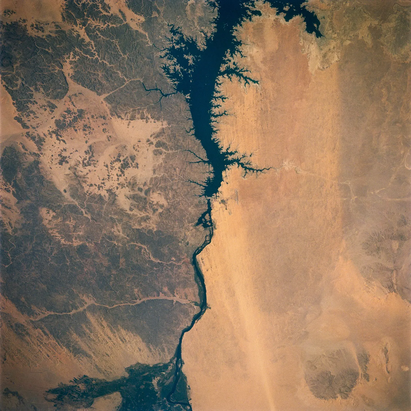 An aerial view shows a dark blue river and reservoir winding through a vast, arid, tan-colored landscape. The photographer titled it “Nile River, Lake Nasser, Aswan Dam, Egypt”.