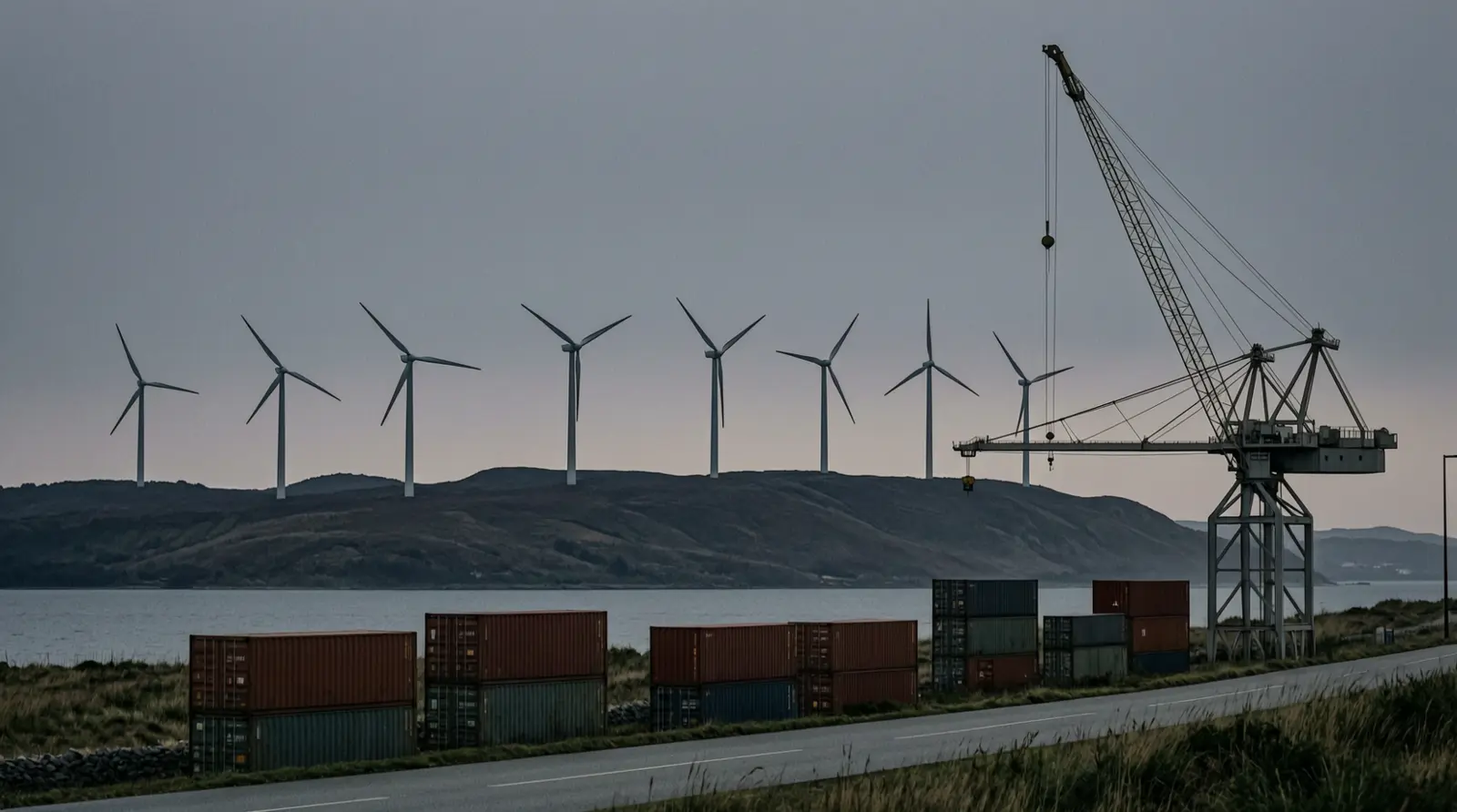 Wind turbines stand on a distant ridge at dusk.