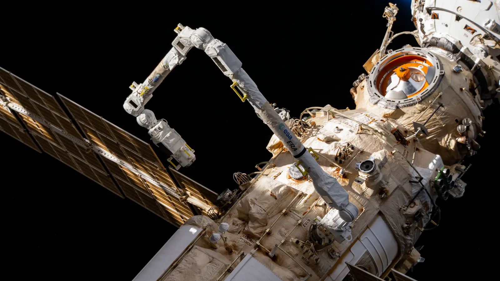 A robotic arm extends from a space station module, with solar panels visible in the background against the blackness of space. The photographer titled it “iss067e034865”.