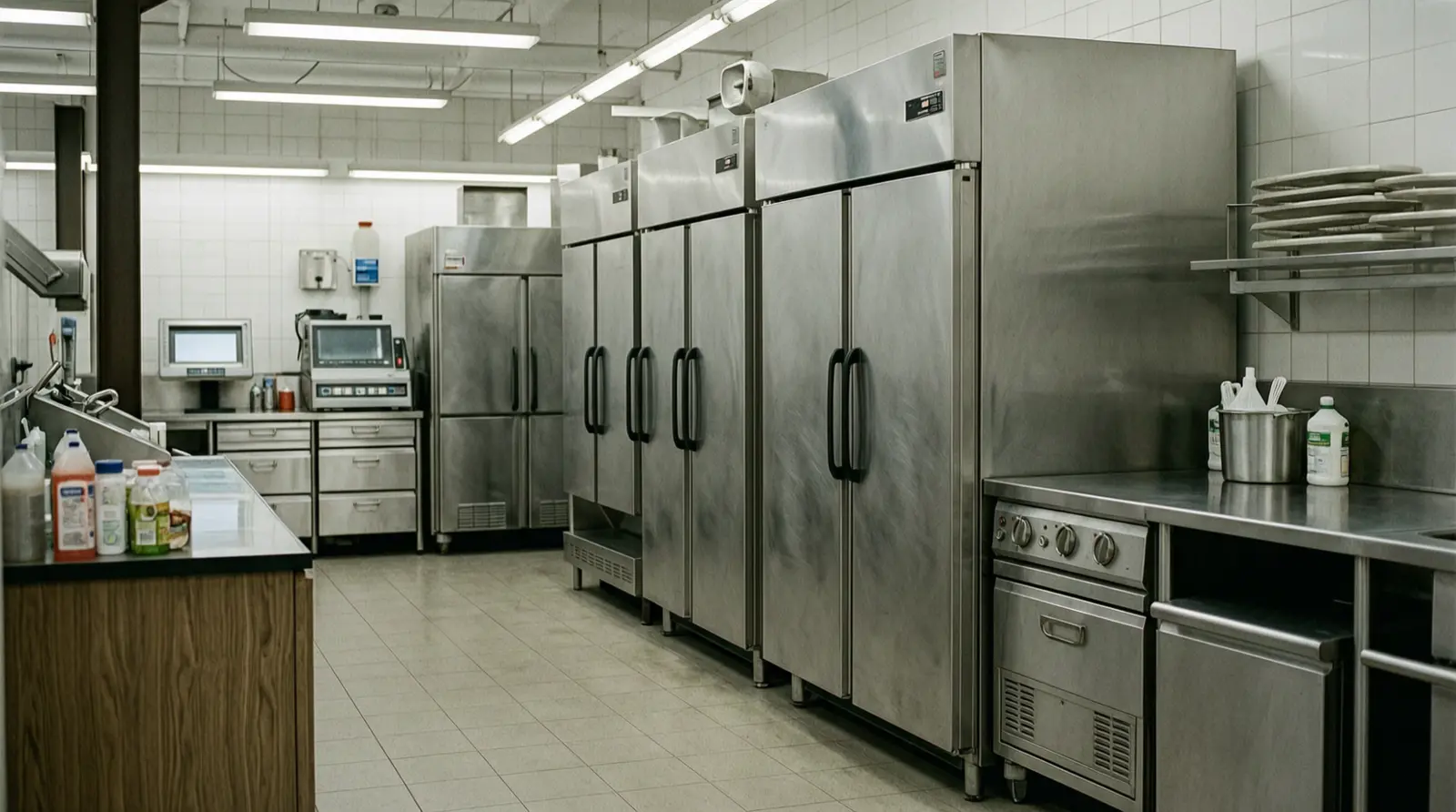 A bank of stainless-steel commercial refrigeration machinery in a supermarket service corridor, seen without people or signage.