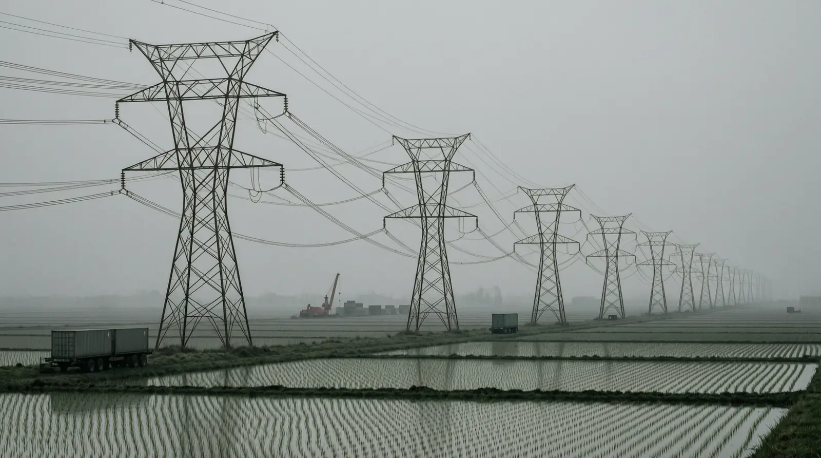 High-voltage transmission pylons recede across wet farmland at dawn.