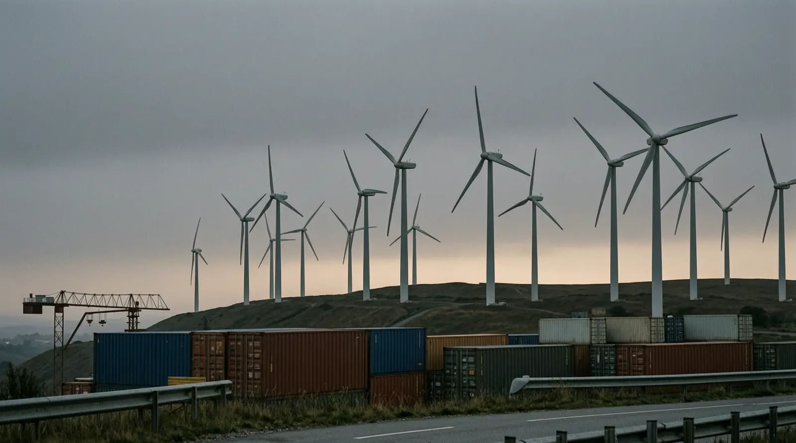 Wind turbines on a ridge at dusk.