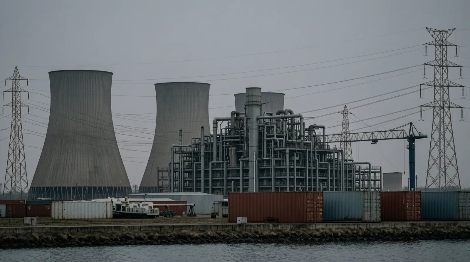 A large industrial plant at dusk with cooling towers and power lines, seen from a distance.
