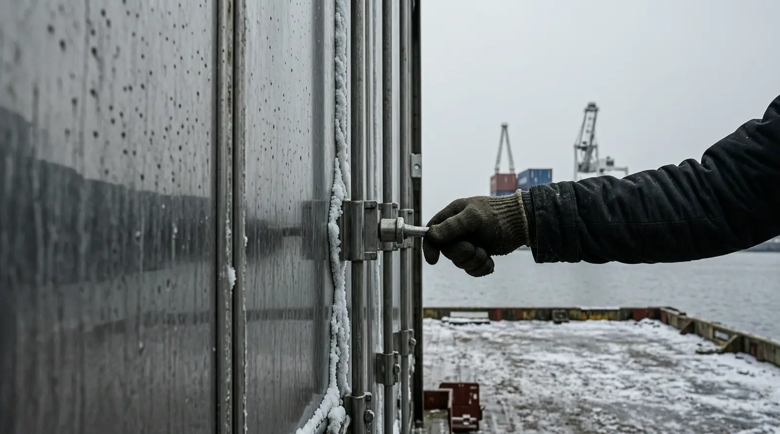 A gloved hand on the latch of a steel freezer door, frost gathered around the seal.