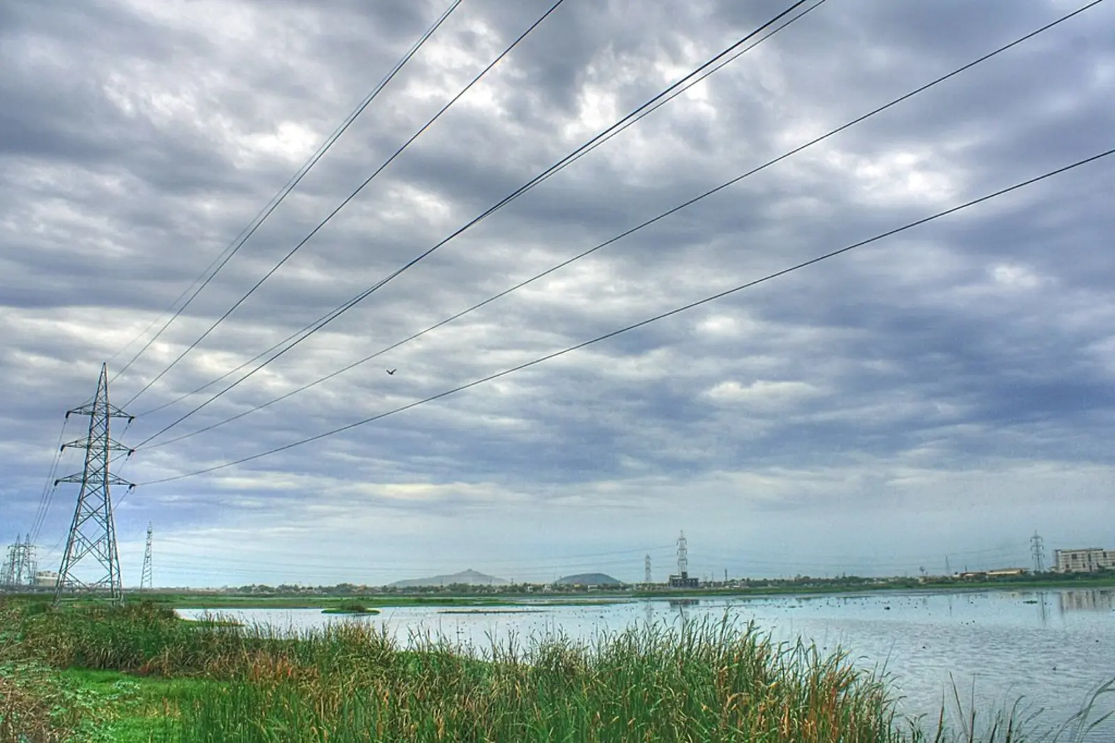 A metal electrical transmission tower and its overhead lines stretch across a heavily clouded sky above a calm body of water bordered by tall grass. The photographer titled it “Power tower & ominous clouds”.