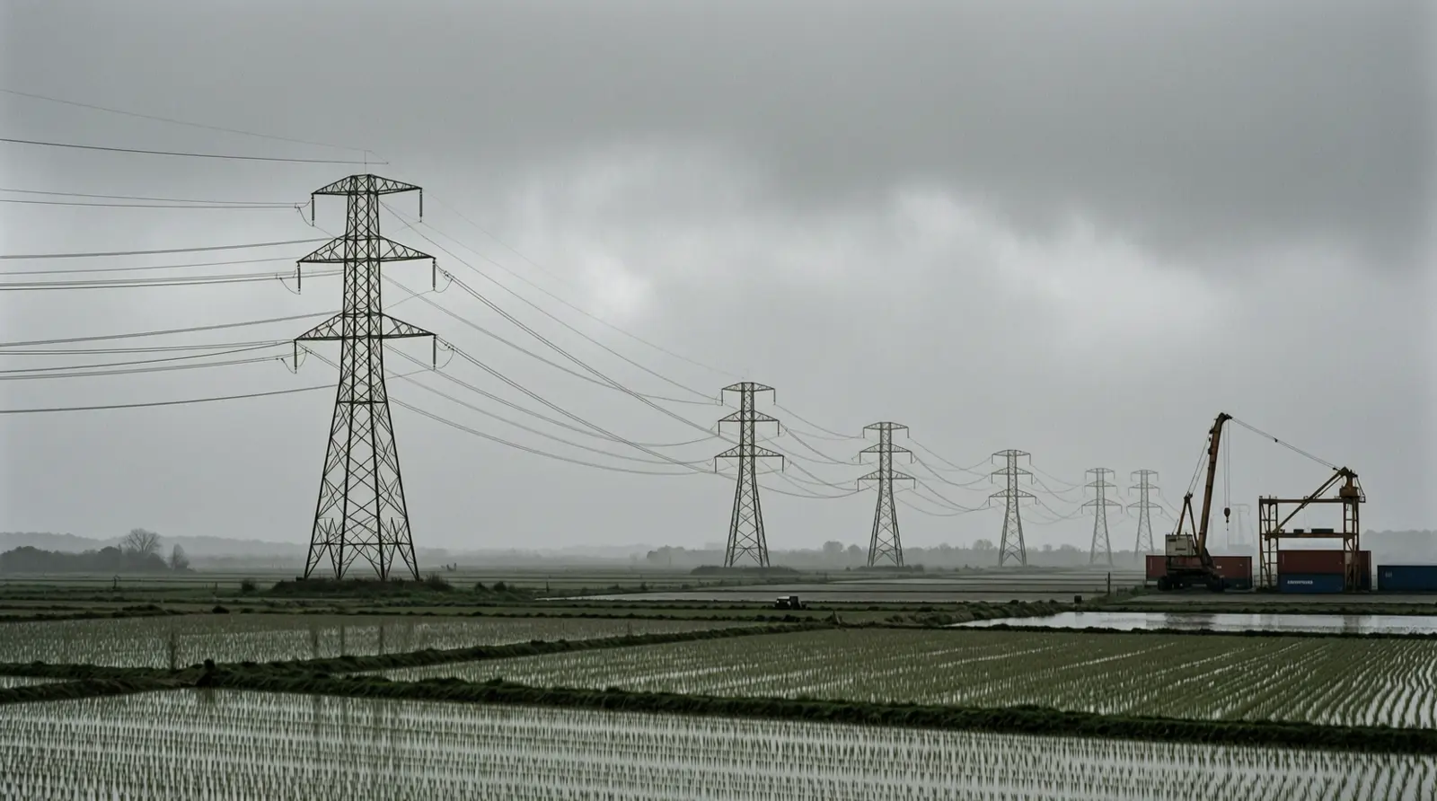 High-voltage transmission pylons receding into low cloud over wet farmland.