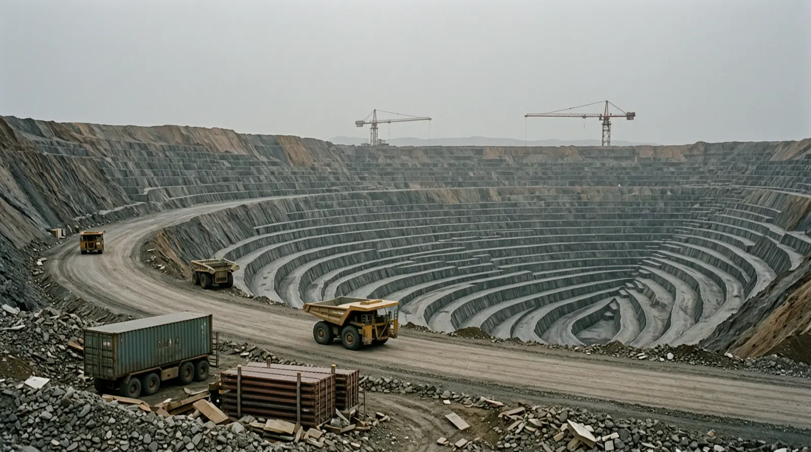 Terraced benches of an open-pit mine seen from a distance, with haul trucks on a dirt road.