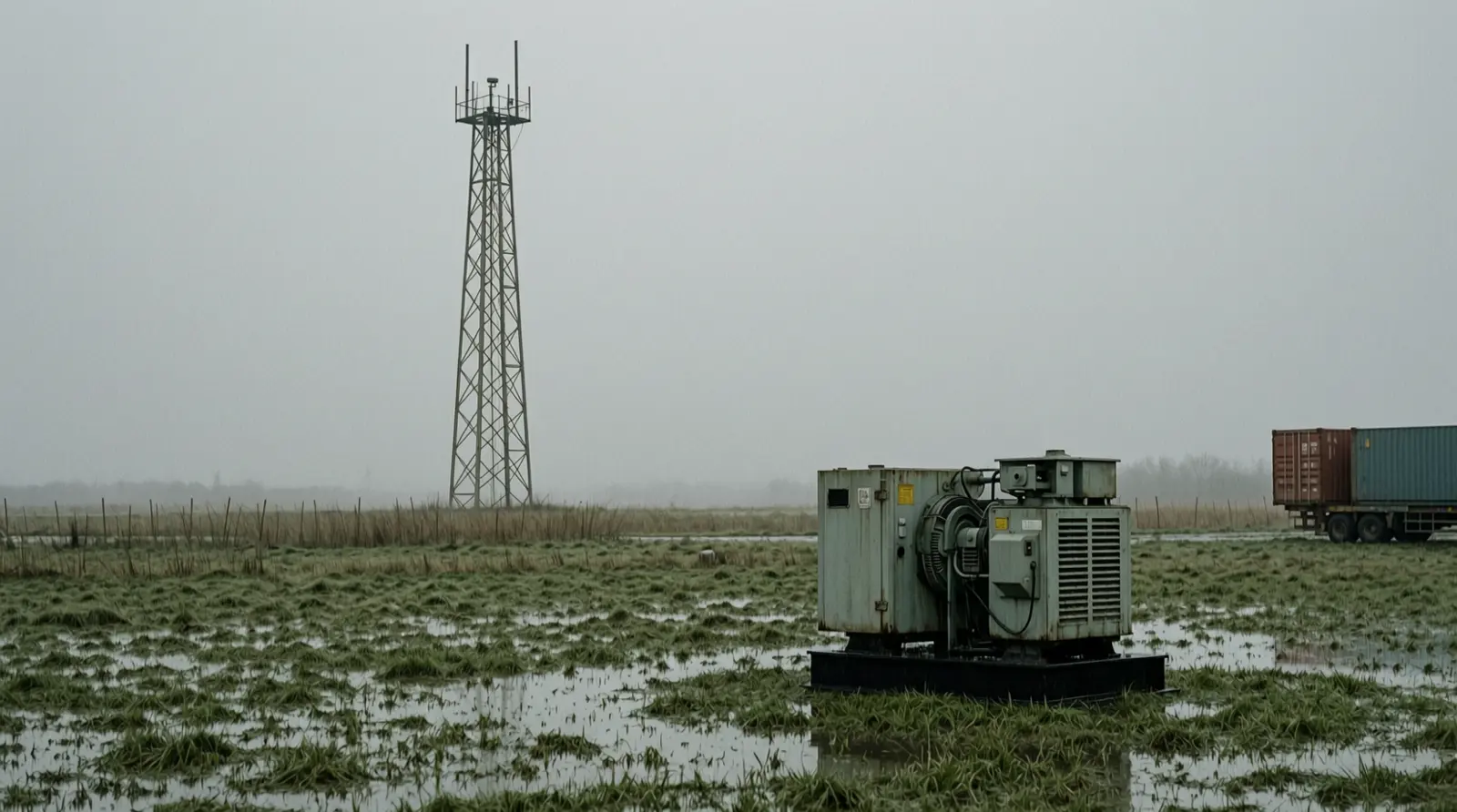 A distant antenna mast and a small generator standing in wet grass under an overcast sky.