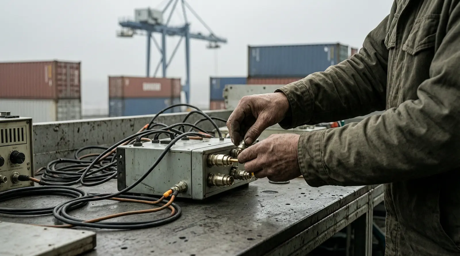 Hands adjusting coaxial connectors on a metal radio bench.
