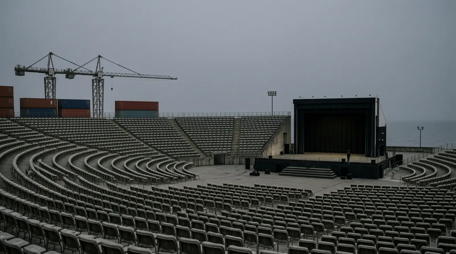 Empty tiered seating in an outdoor amphitheater at dusk, facing a bare stage.