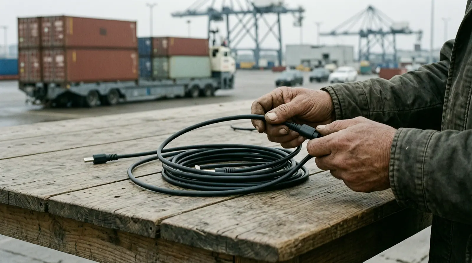 Hands coil a black audio cable on a plain wooden table.