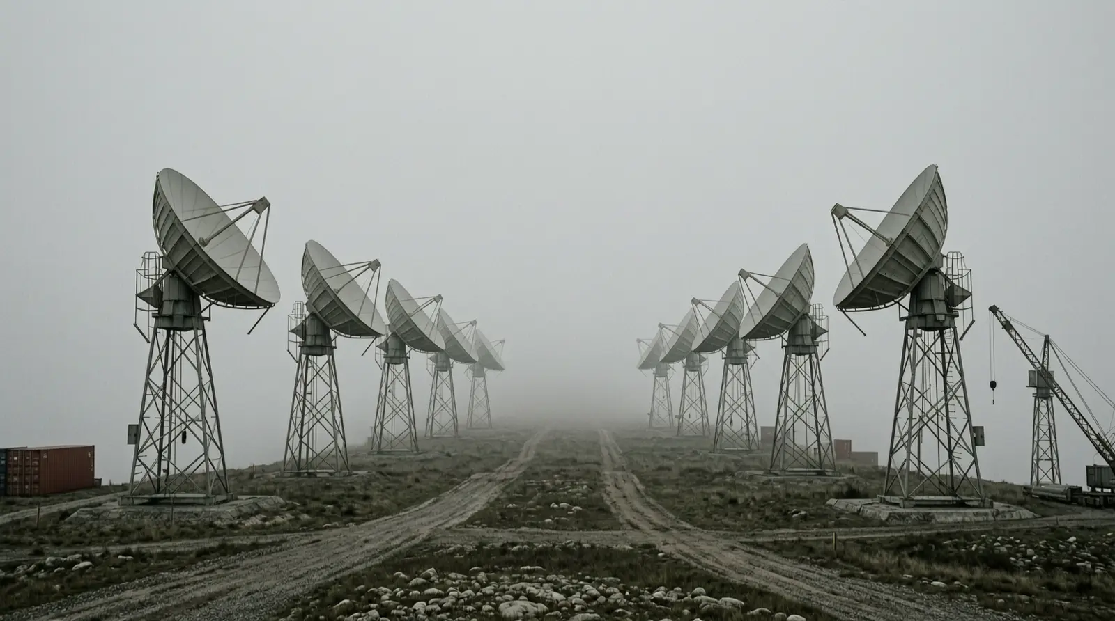 Microwave relay towers stand in rows on a foggy ridge, their dishes facing one another across empty ground.