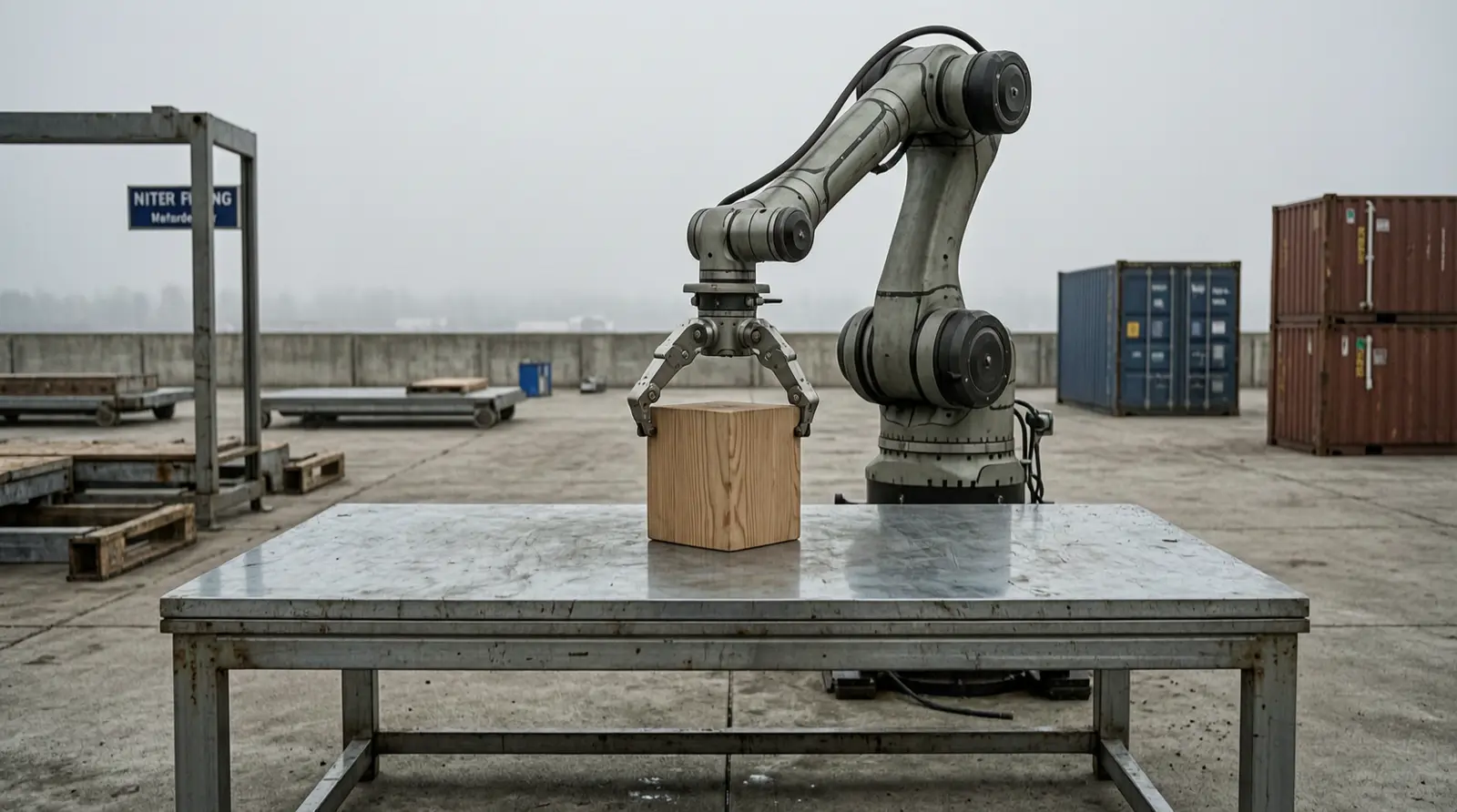 A robotic arm grips a wooden block above a bare metal table in an empty testing area.