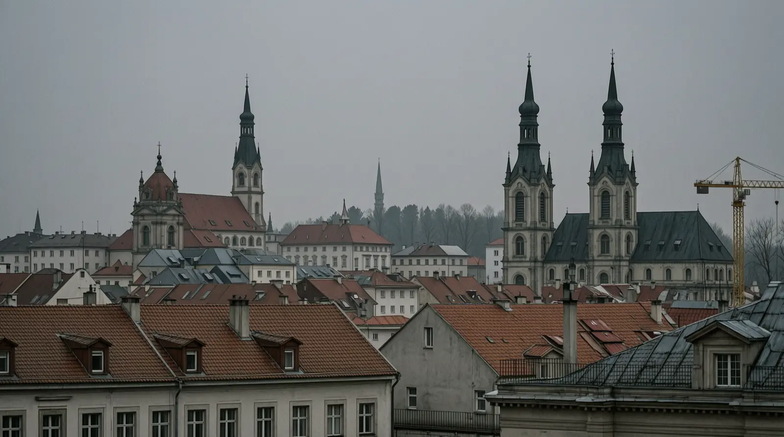 Zagreb rooftops and spires seen from a distance at dusk.