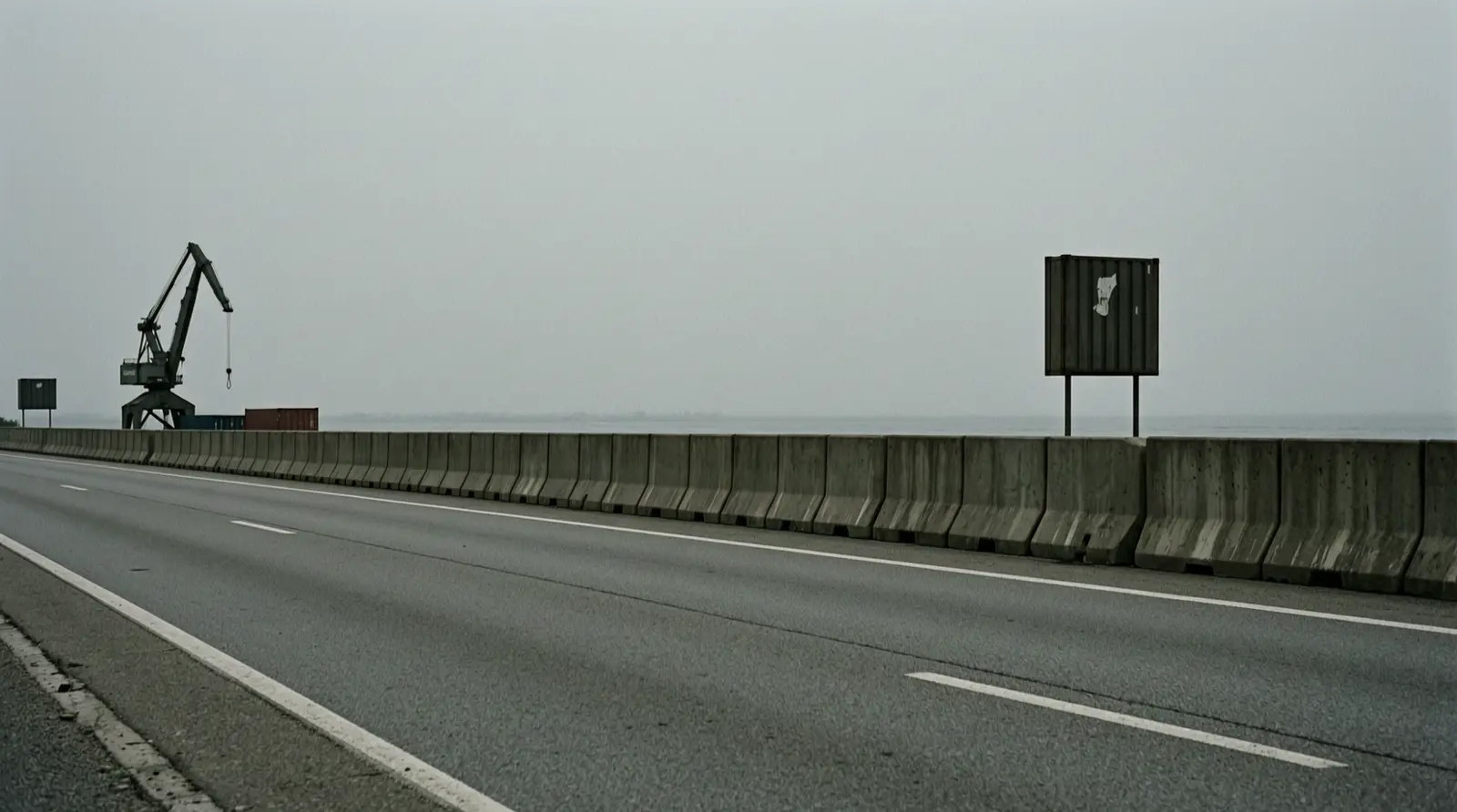 A line of concrete highway barriers beside an empty road.