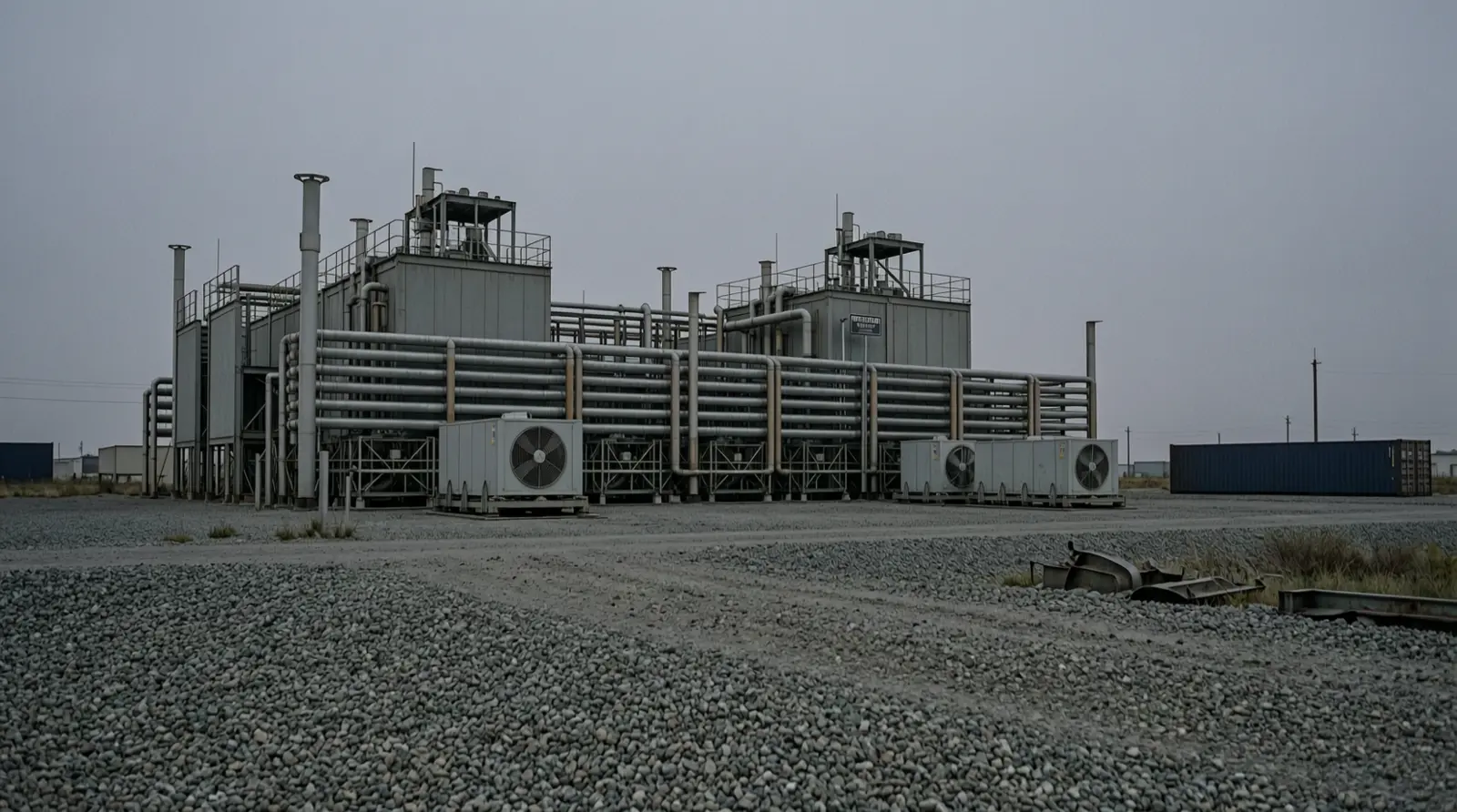 A semiconductor fabrication plant seen from across a gravel lot at dusk, with cooling units and utility pipes outside.
