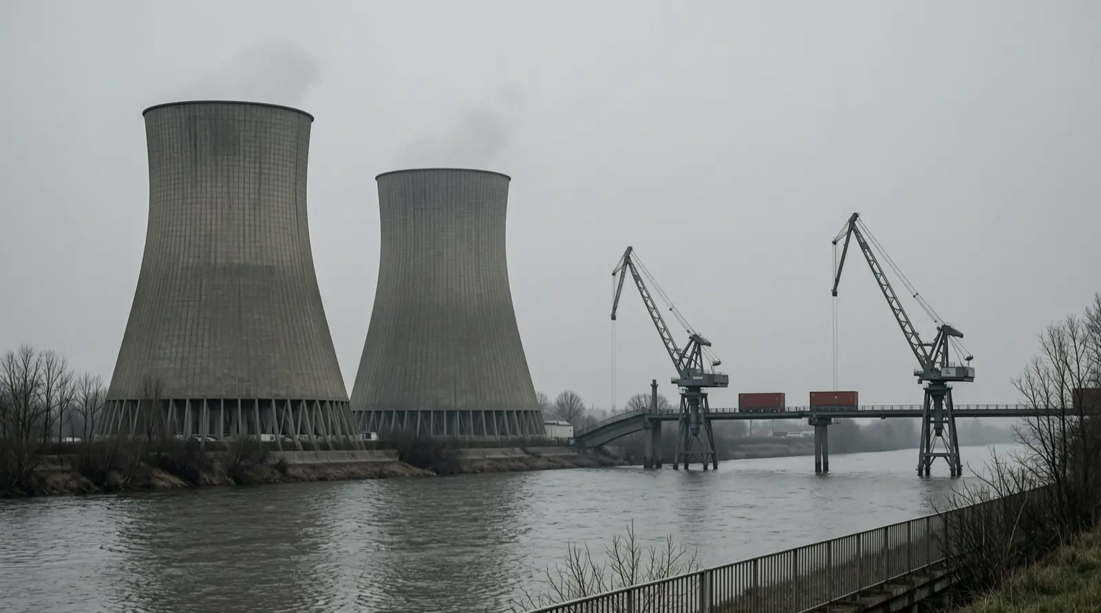 Cooling towers stand beside a river at dawn.