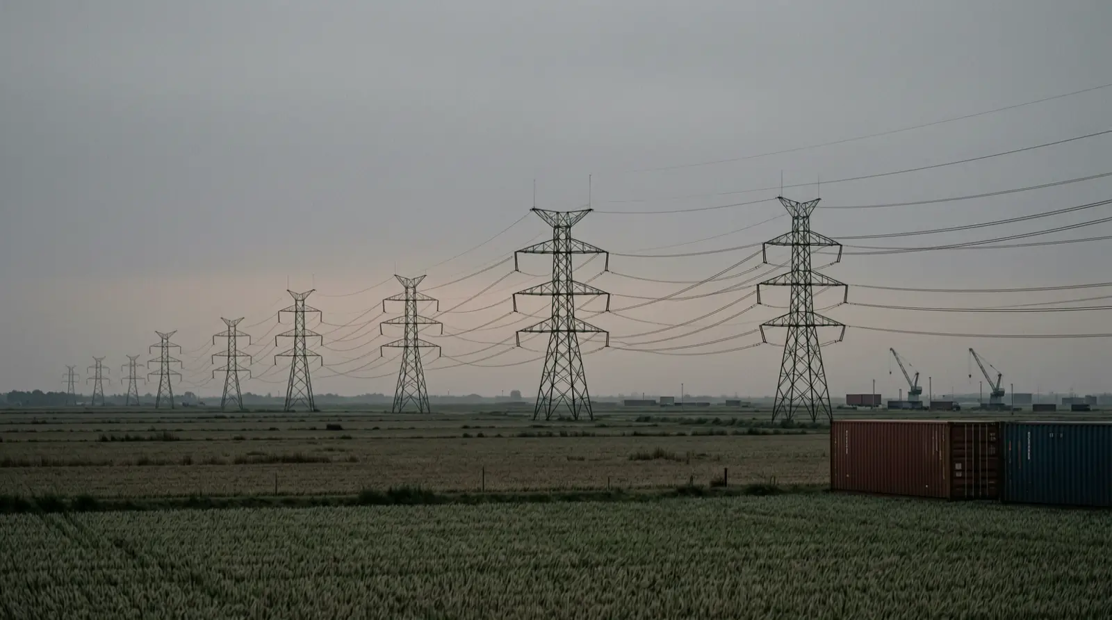 High-voltage transmission lines crossing farmland at dusk.