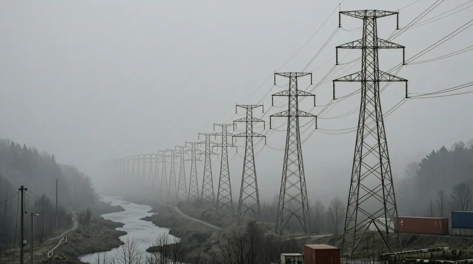 A long line of high-voltage transmission towers crosses a fog-filled valley at dawn.