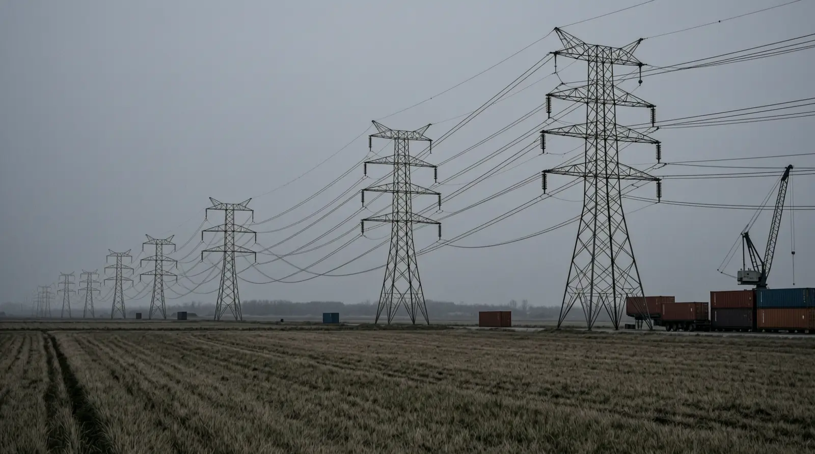 High-voltage transmission lines cross an empty field at dusk.