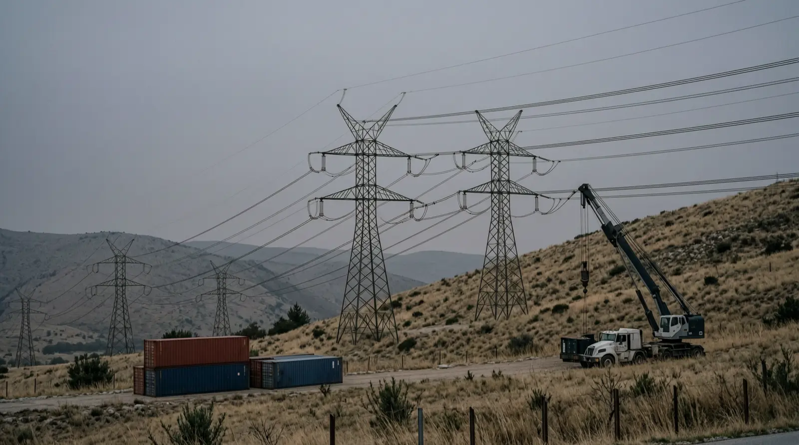 High-voltage transmission lines crossing a dry Croatian hillside at dusk.