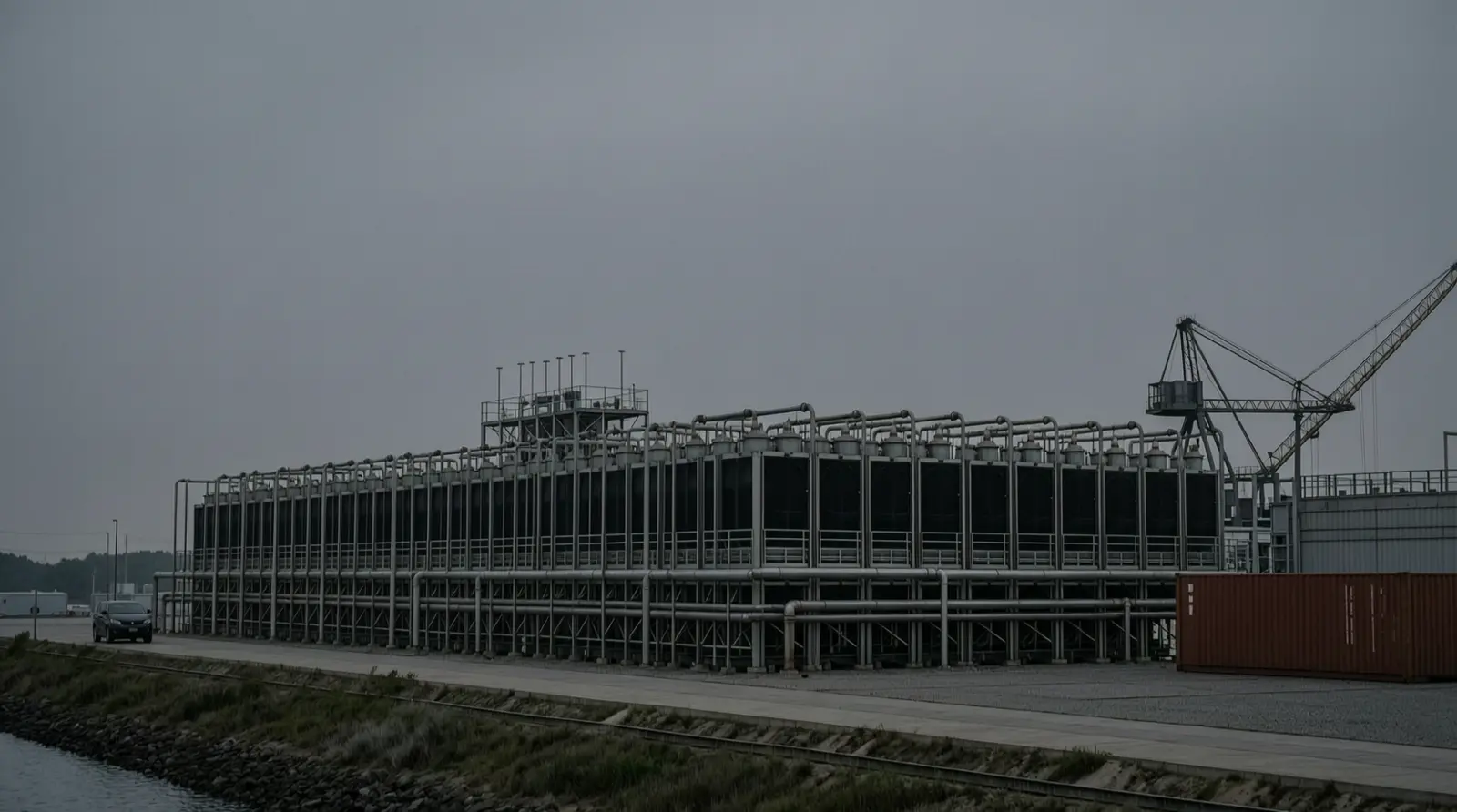Rows of industrial cooling units and pipework beside a semiconductor plant at dusk.