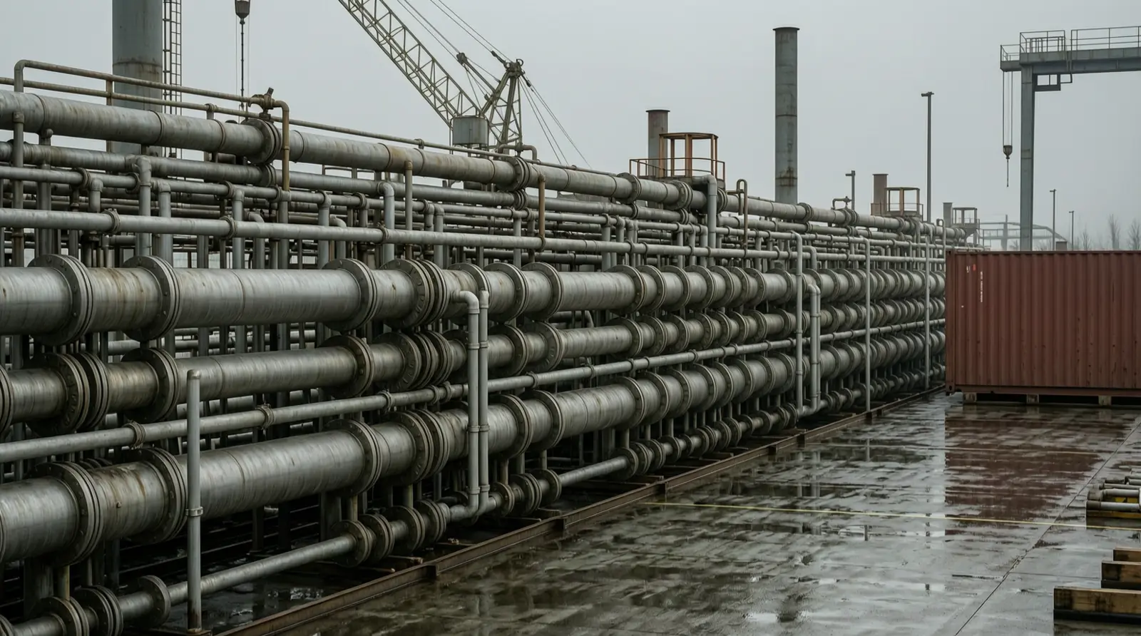 A dense run of steel pipes and valves in an industrial plant, seen from the side.