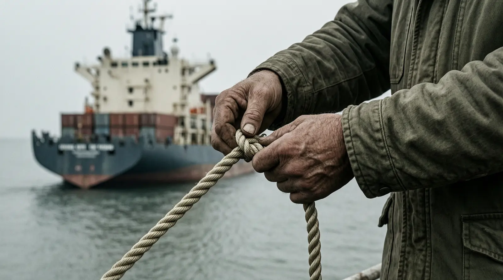 Close-up of hands tying a rope knot on a plain rope.
