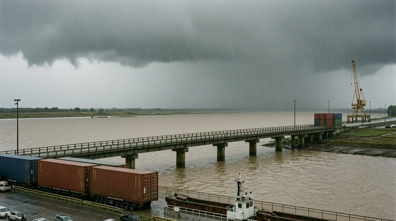 Floodwater spreading across a flat plain beyond a low bridge, with storm clouds in the distance.