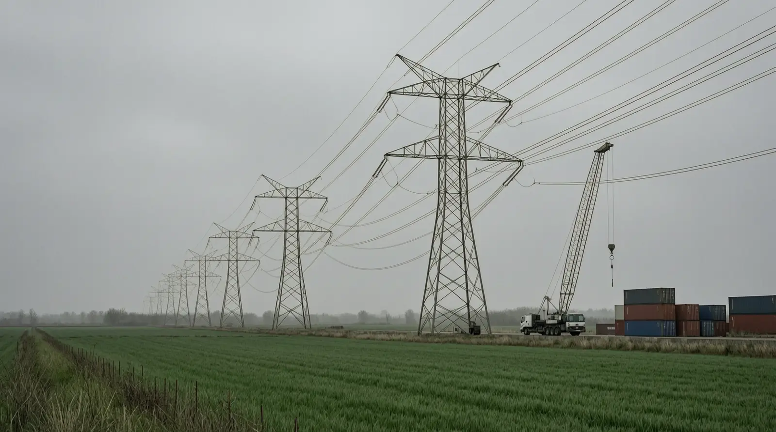 High-voltage pylons crossing a green field under cloudy sky.