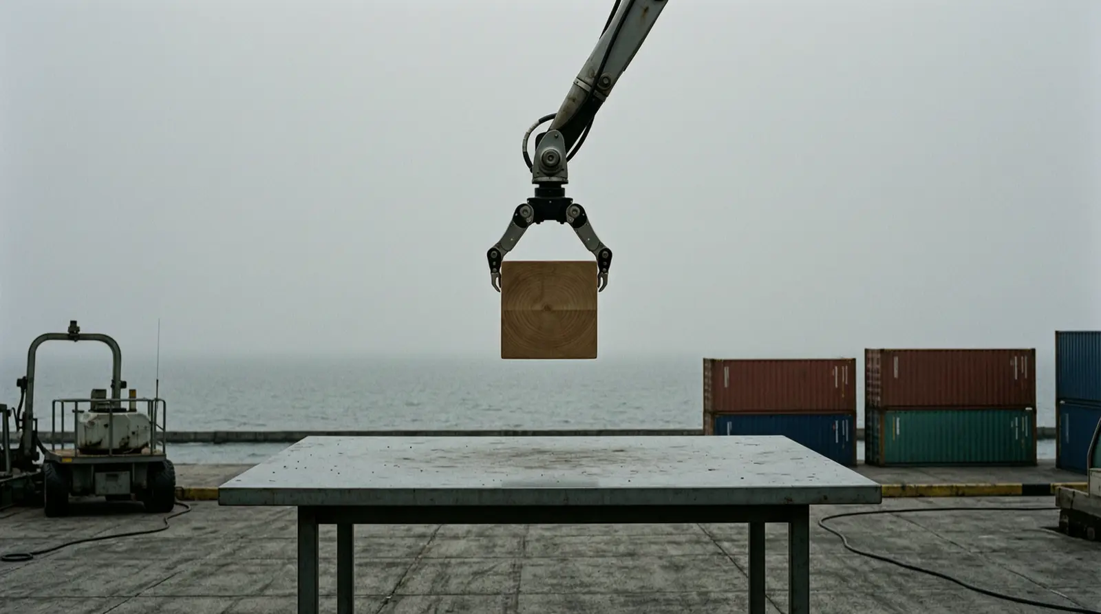 A robotic gripper holding a smooth wooden block above a plain metal table.
