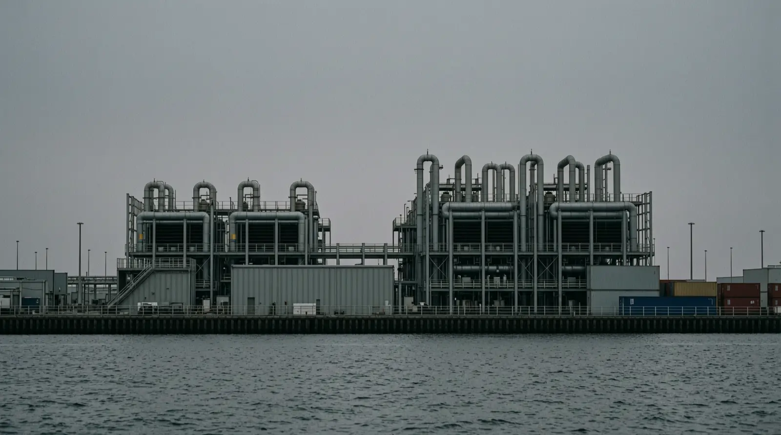 A semiconductor fabrication plant seen from a distance at dusk, with rooftop pipes and cooling equipment against a grey sky.